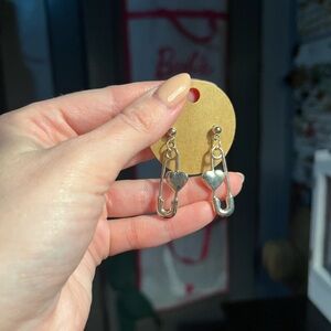 Silver Heart Safety Pin Drop Earrings - Women Jewelry Earrings